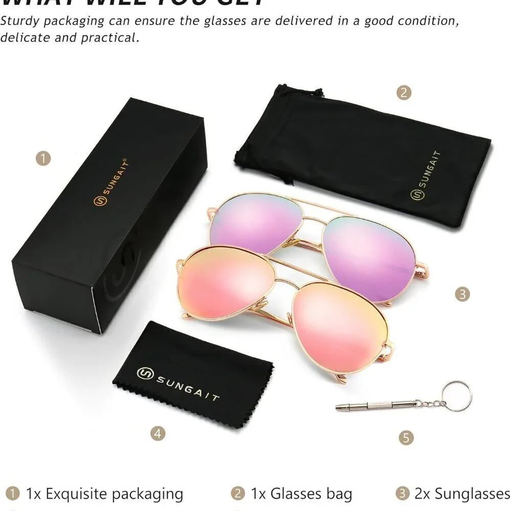 Women's Oversized Aviator Sunglasses Mirrored Polarized Lens 2 Pack UV Protectio